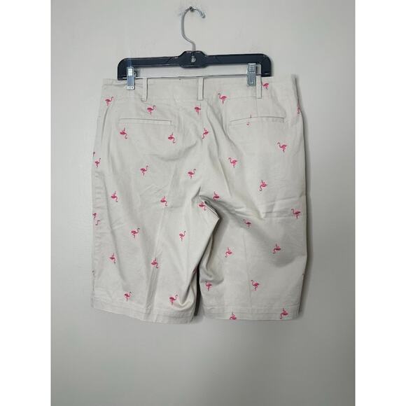 Talbots Chino Shorts 14 Tan Pink Flamingo Print Bermuda 10" Inseam Beach Preppy - Picture 3 of 6